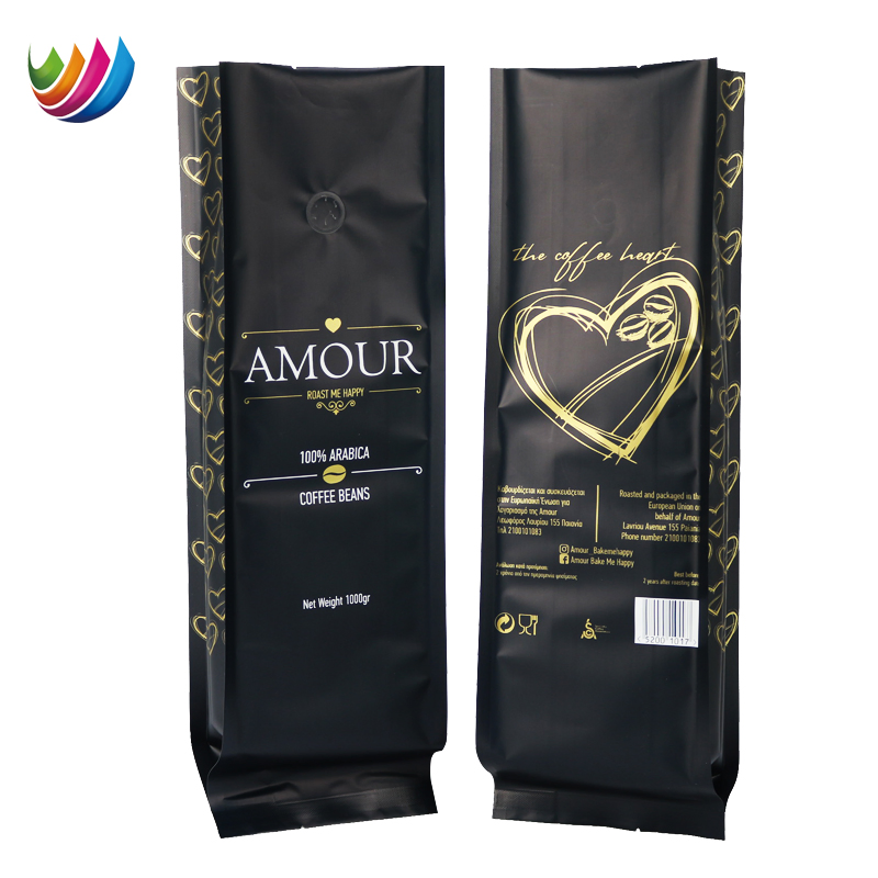 Custom Printed 5lb Matt Black Plastic Packaging Golden Side Gusset Coffee Bean Bag with Valve