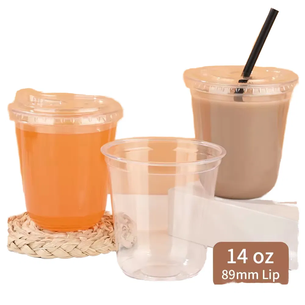 Custom Logo U-Shape Pet Plastic Cup for Ice Coffee Cold Drink Bubble Boba Tea Juice Smoothie Clear Black Plastic Cup with Lid