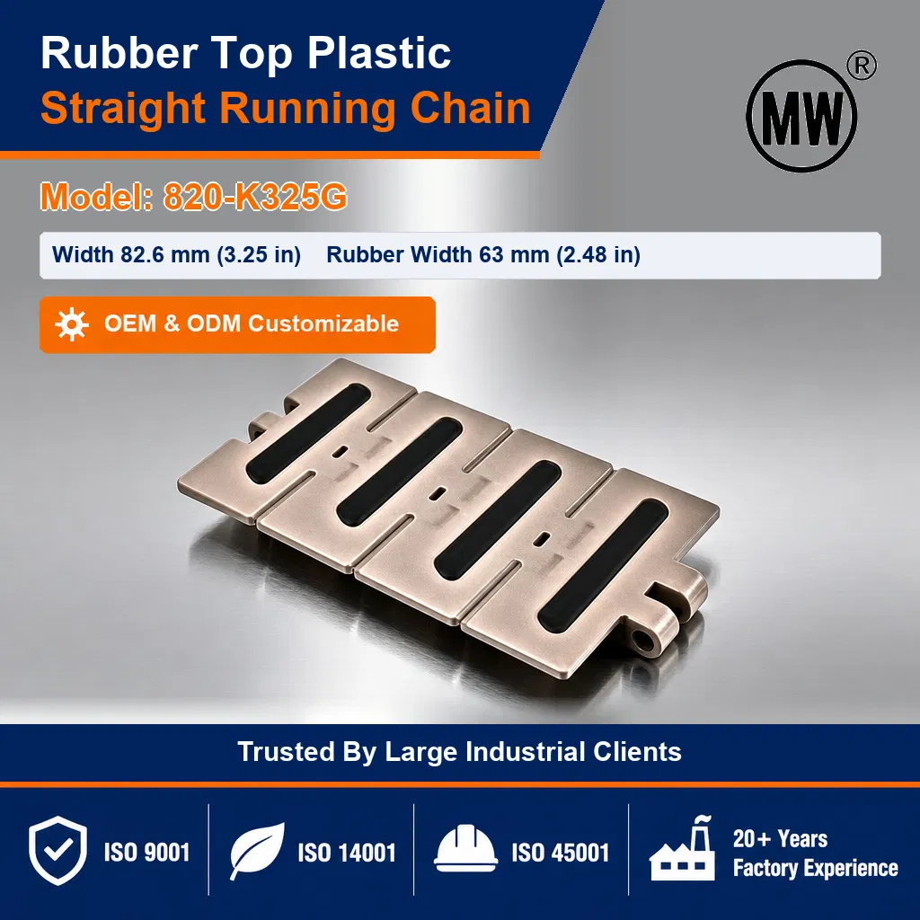 OEM 820-K325g with Rubber Top Acetal Conveyor Chain Plastic Flat Top Chain for Seafood Conveyor Line and Pet Bottle Conveyor